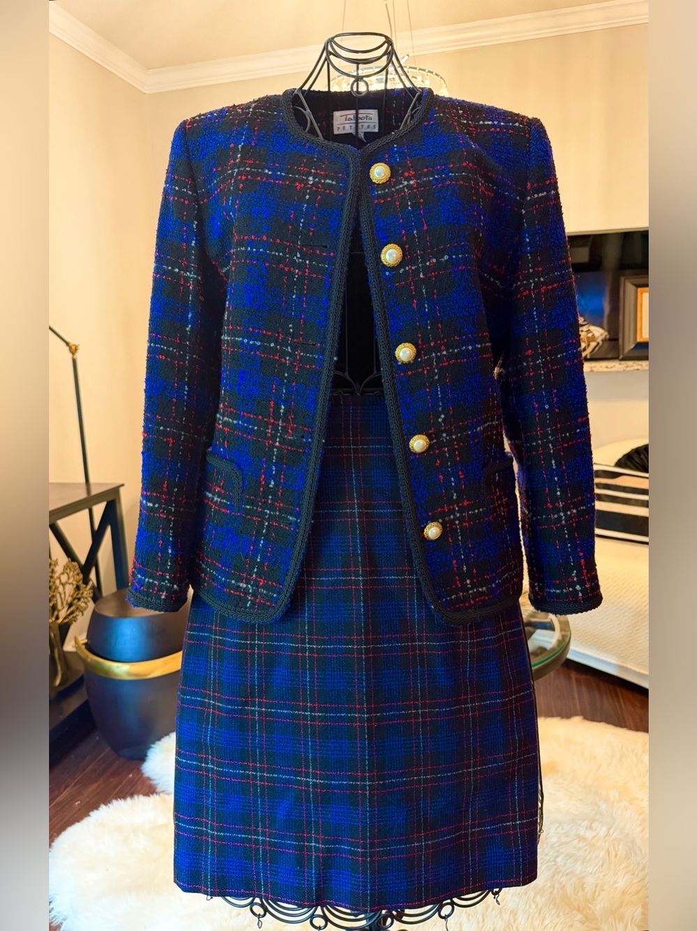 Classic Navy Plaid Tweed suit with Gold Button Detail